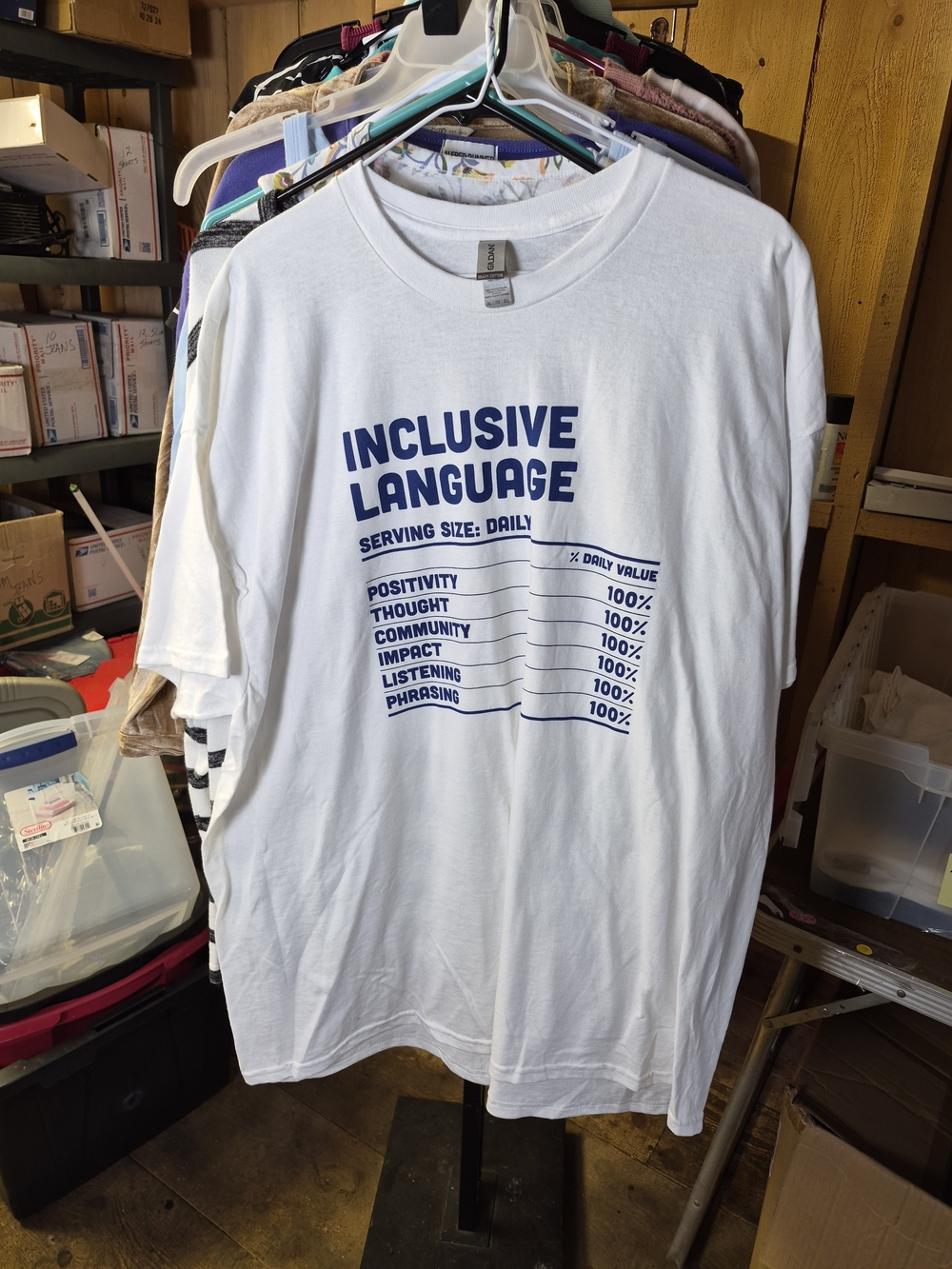 Gildan White Short-Sleeve Tee with Navy Inclusive Language Print Bin 55